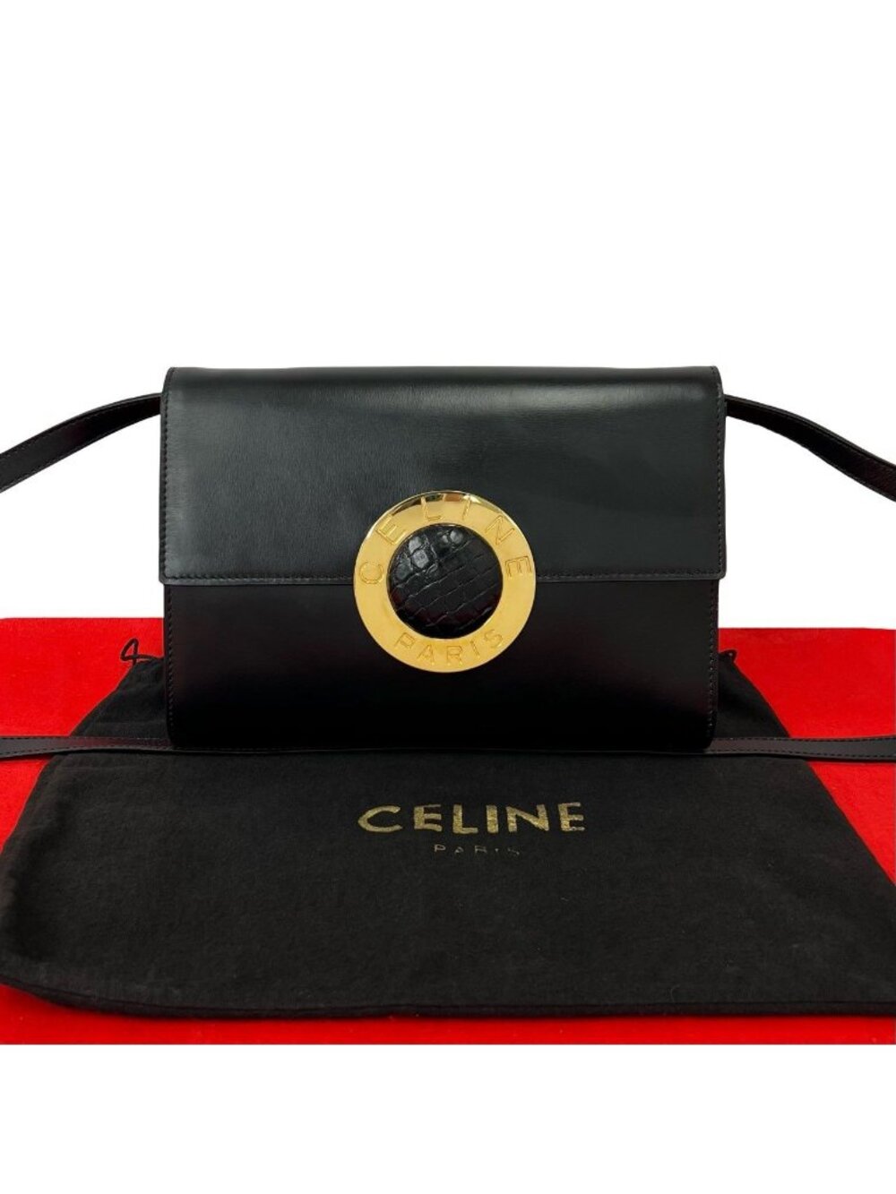 Celine Vintage Circle Logo Leather Shoulder Bag Pochette Sakosh Black